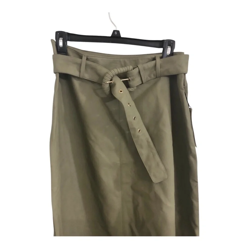 Haute Monde olive green leather look fit and flare belted skirt size large new‎
